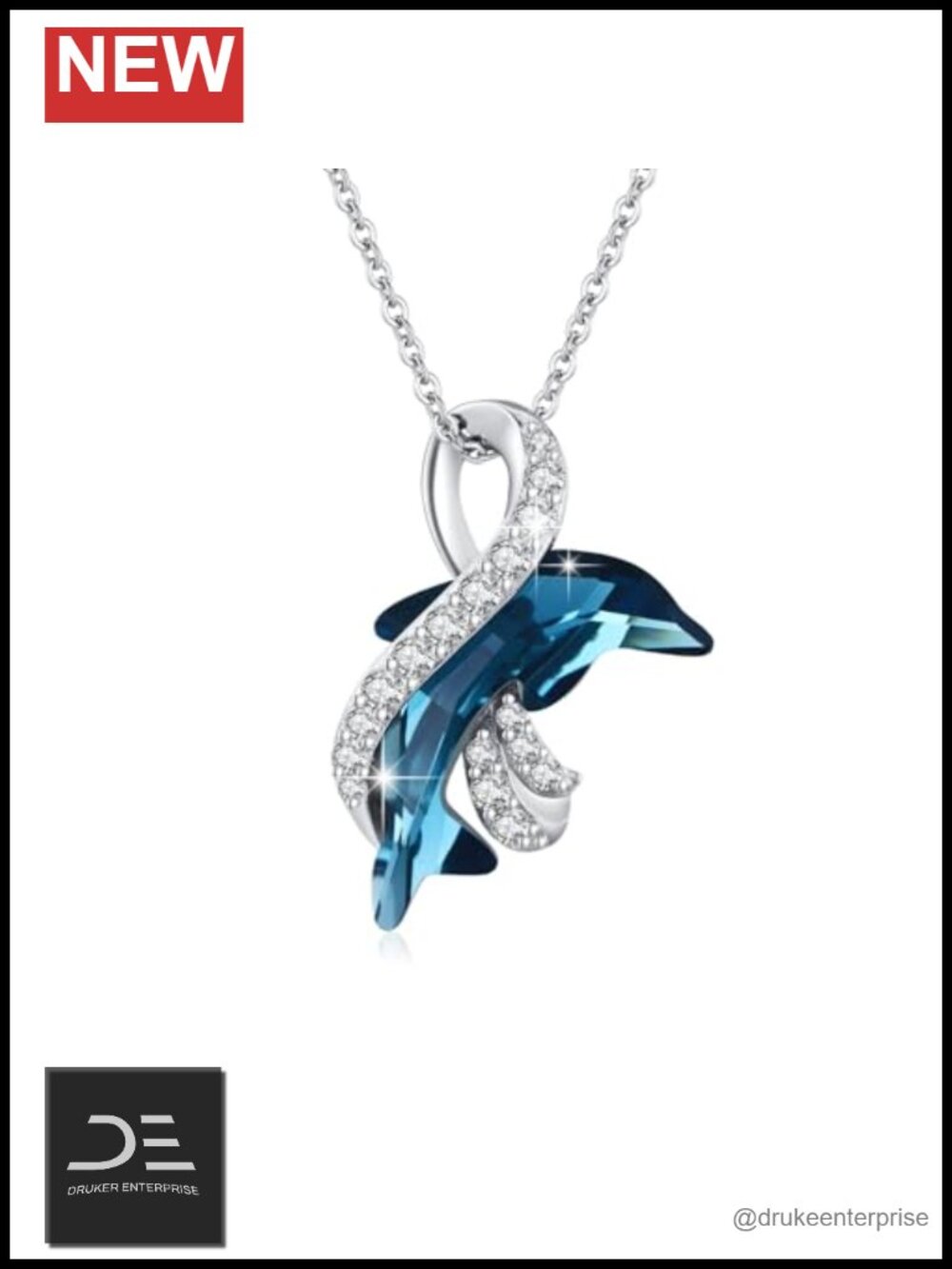 925 Sterling Silver Dolphin Pendant Necklace Blue Crystal Women Gift